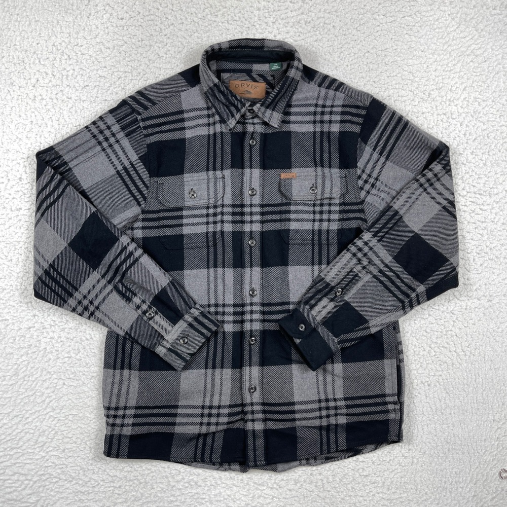 Orvis Flannel Shirt Mens L Grey Black Plaid Side Pockets Gorpcore Cabin Outdoors